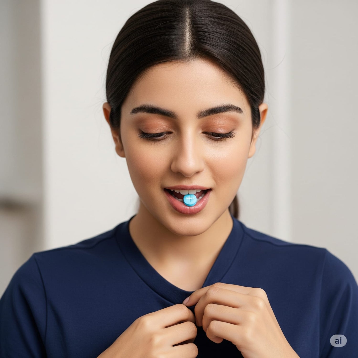 Person chewing a Smilux tablet